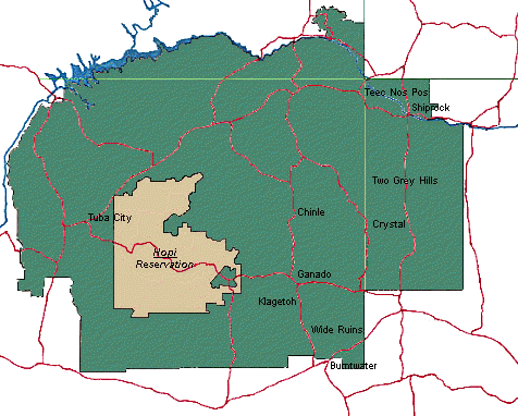 Navajo reservation map showing regional areas, sources of Navajo rugs, Trading Post influence on Navajo weaving designs in Arizona and New Mexico.  